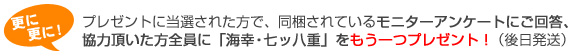 もう一つプレゼント プレゼントに当選された方で、同梱されているモニターアンケートにご回答、 協力頂いた方全員に「海幸・七ッ八重」をもう一つプレゼント!(後日発送)